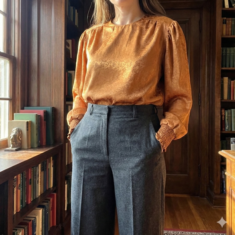 Vintage Golden Tan Jacquard Blouse Quiet Luxury Textured Smocked Hem‎ Cuffs 10